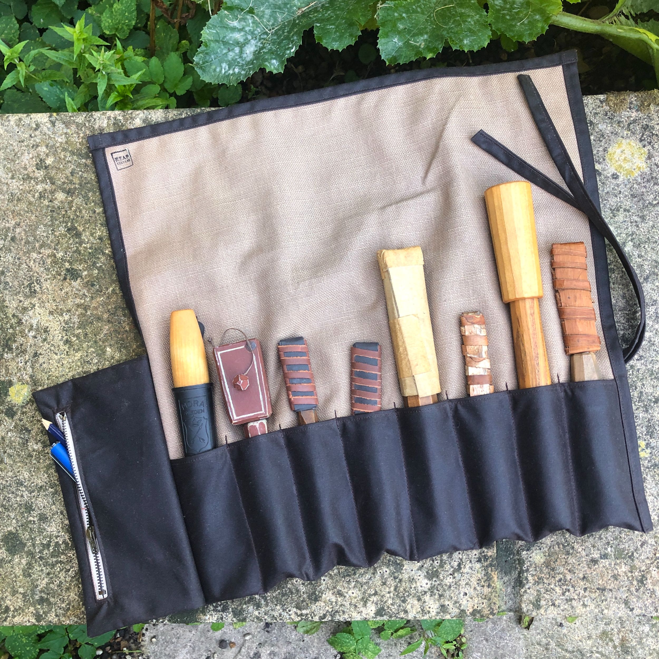 Darkest Brown Waxed Canvas and Beige Cotton Tool Roll