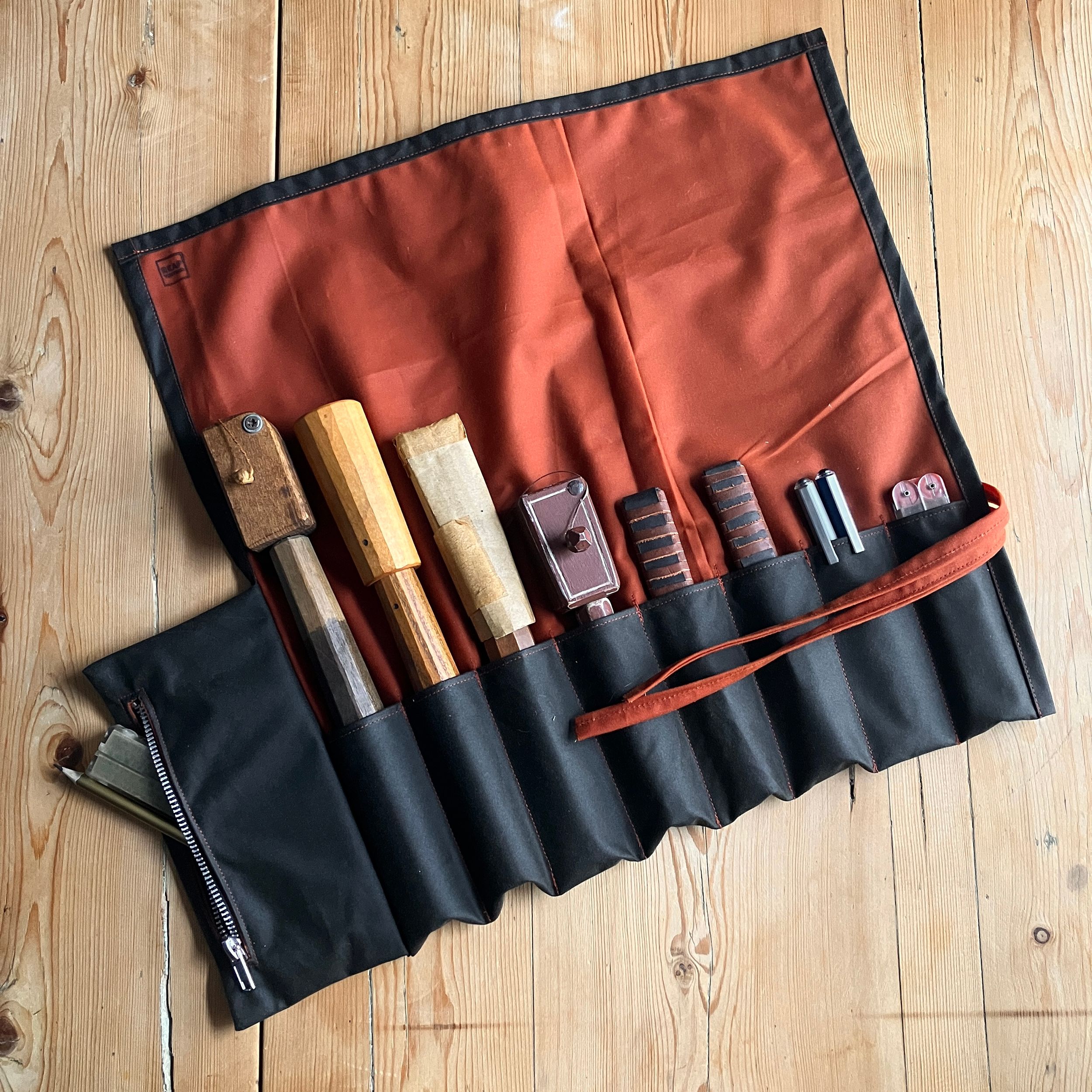 Darkest Brown and Brick Red Waxed Canvas Tool Roll