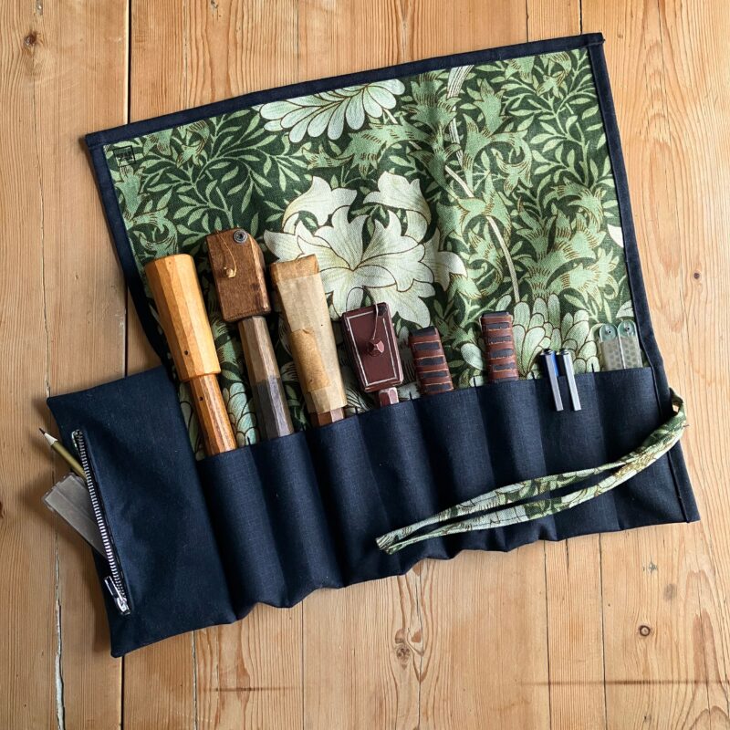 Navy Waxed Canvas and Green Botanical Print Tool Roll