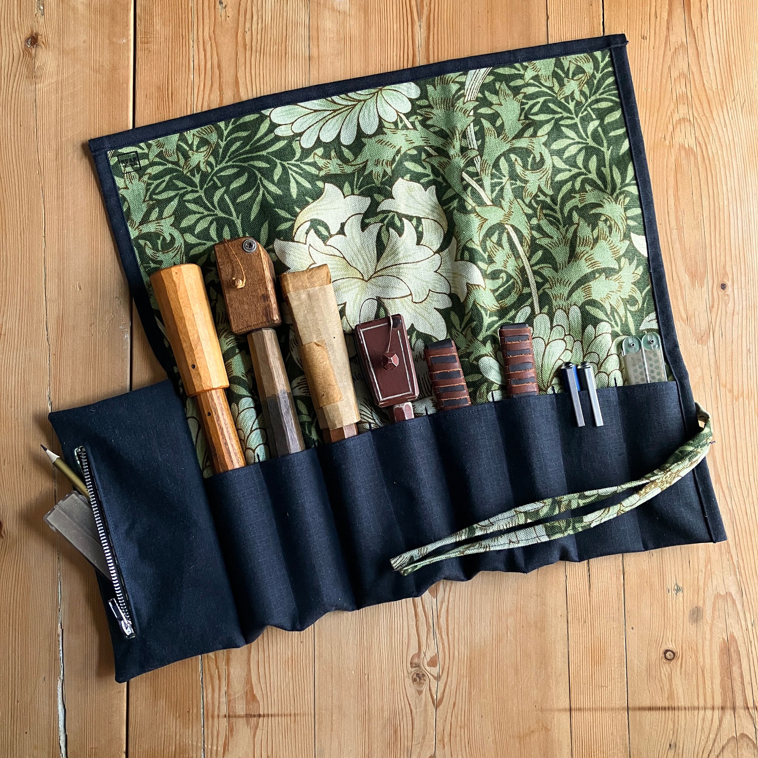 Navy Waxed Canvas and Green Botanical Print Tool Roll