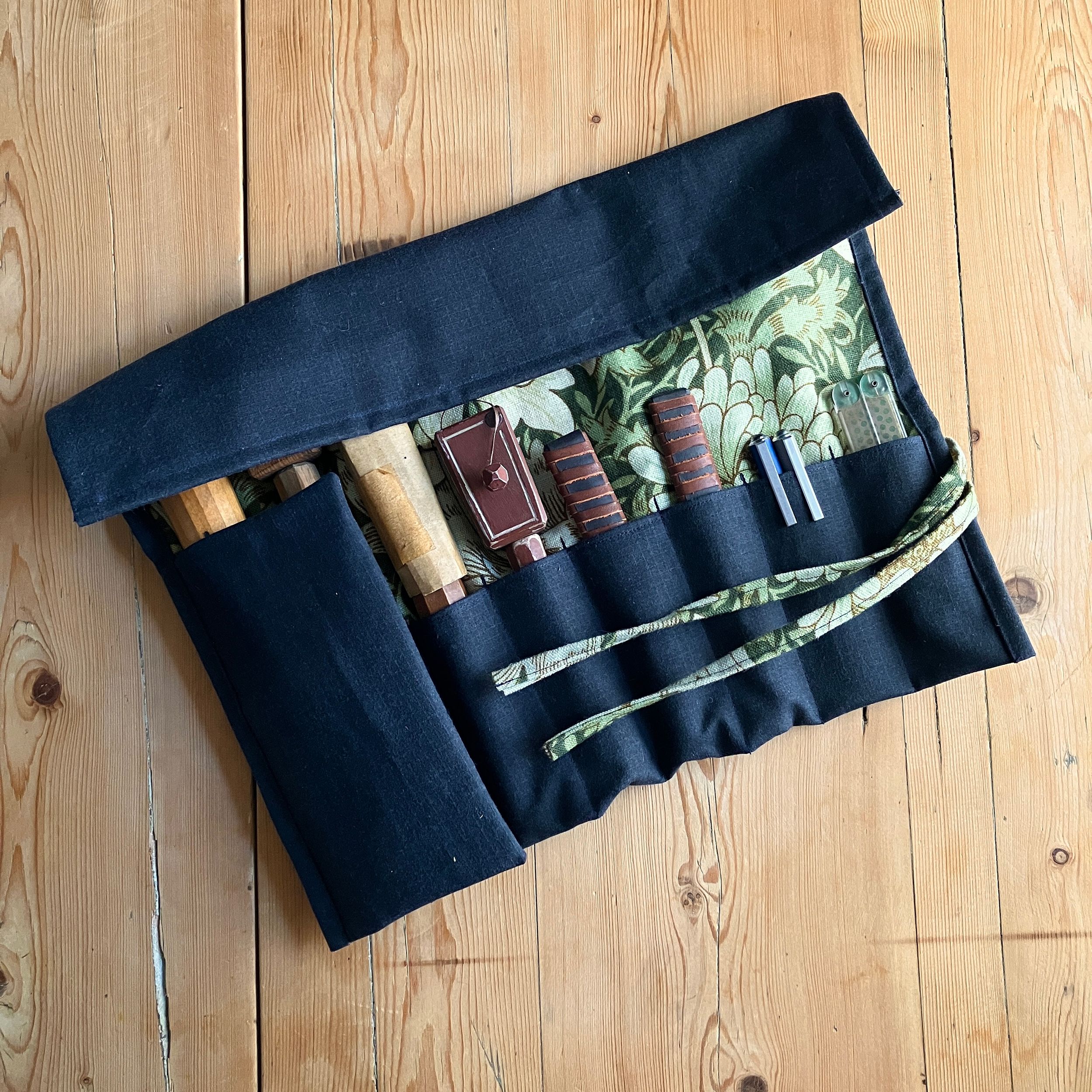 Navy Waxed Canvas and Green Botanical Print Tool Roll - Image 3