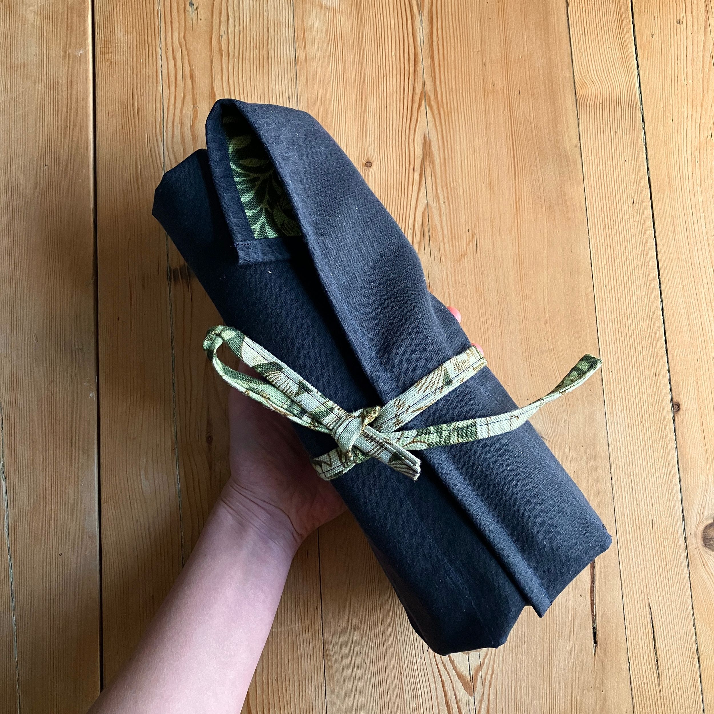 Navy Waxed Canvas and Green Botanical Print Tool Roll - Image 5
