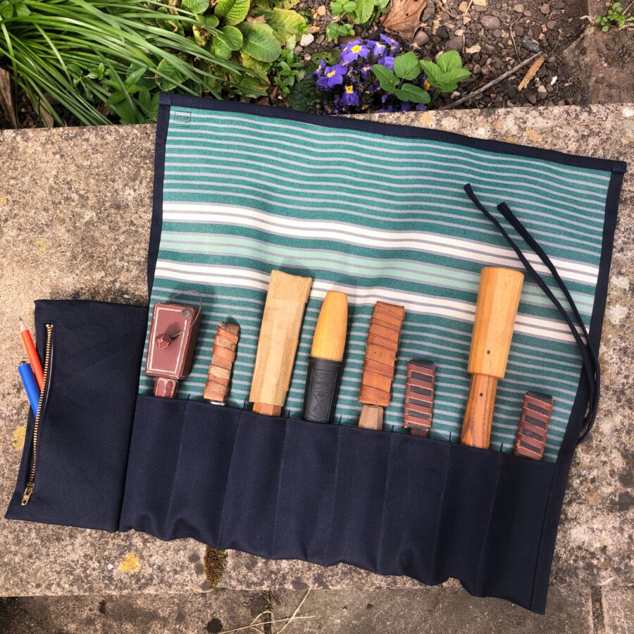 Navy Blue Waxed and Green Striped Canvas Tool Roll