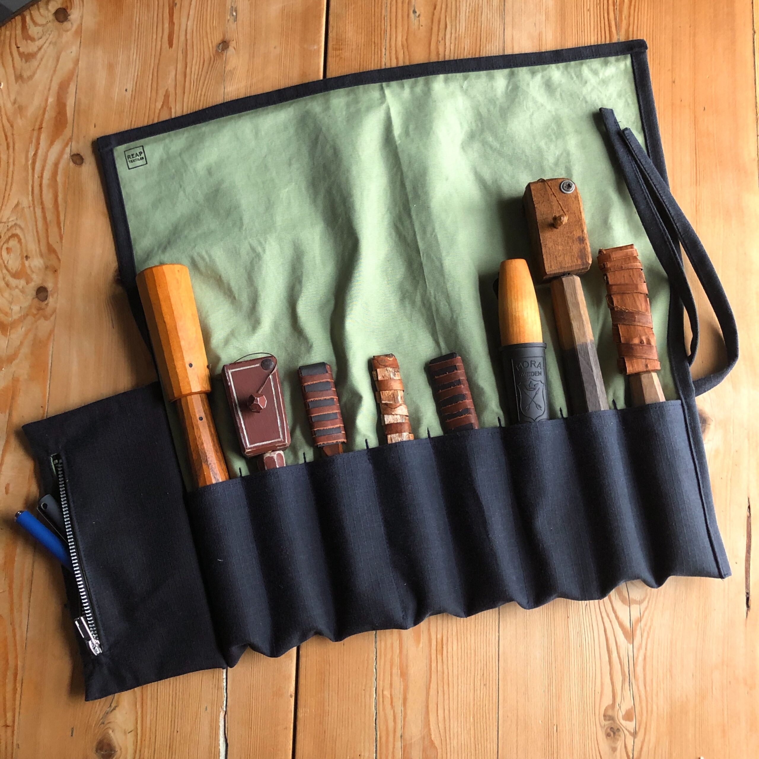 Navy Waxed Canvas and Green Cotton Tool Roll