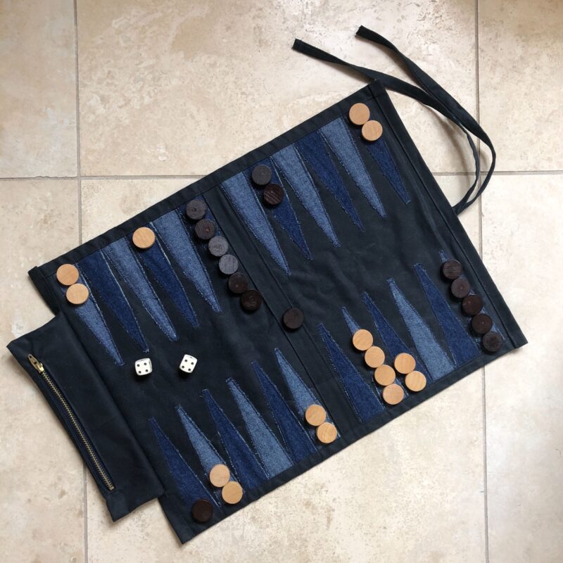 Navy Blue Waxed Canvas Roll-Up Backgammon Set